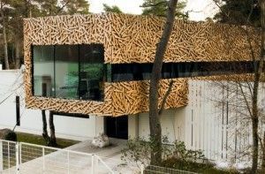 Descripción modificada: Moderna arquitectura que presenta un edificio con una distintiva fachada de patrones geométricos construida a partir de elementos de madera,