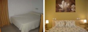 Imágenes de antes y después de un dormitorio, la primera muestra una cama sin adornos con paredes lisas y la segunda muestra la misma habitación después de la decoración, con una cama con ropa de cama estampada.