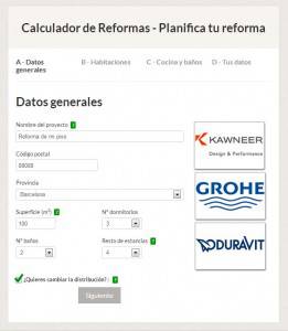 La imagen muestra una captura de pantalla de una página web de "calculador de reformas" en español, diseñada para planificar renovaciones de pisos. El usuario puede ingresar detalles como el proyecto.