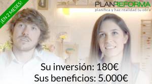 Un hombre y una mujer aparecen en un anuncio que destaca una inversión inicial de 180€ con un retorno de 5.000€ en dos meses, promocionando un servicio llamado "Plan Reforma