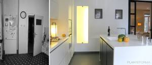 Dos diseños de cocina contrastantes: a la izquierda, una cocina vintage en blanco y negro con un piso de damero clásico administrada por un gerente de proyectos experimentado, y a la derecha, una cocina moderna con una elegante cabina blanca.