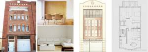 Un collage que muestra diversos aspectos de la arquitectura y el diseño interior, incluyendo una vista exterior de un edificio de ladrillo, un espacio interior con sillas y