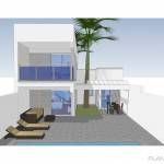 Esta es una representación arquitectónica digital creada por un arquitecto de una residencia moderna de dos pisos que cuenta con un balcón, un área para sentarse al aire libre, una piscina y una palmera alta adyacente al