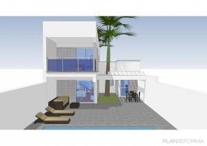 Esta es una representación arquitectónica digital creada por un arquitecto de una residencia moderna de dos pisos que cuenta con un balcón, un área para sentarse al aire libre, una piscina y una palmera alta adyacente al