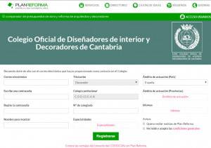 Página web de registro de la asociación oficial de interioristas y decoradores de Cantabria (CODIDCAN), que incluye un formulario para las credenciales de usuario y datos personales, con una combinación de colores verdes y logotipos oficiales.