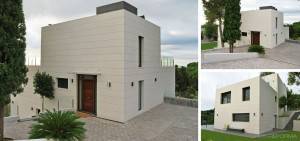 Tres diferentes ángulos de un moderno diseño de casa blanca de dos pisos con techo plano, grandes ventanas y un camino de entrada adoquinado rodeado de vegetación.