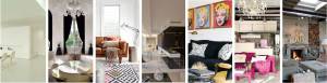 Un collage de cinco entornos de diseño de interiores diferentes, que muestra varios estilos de espacios habitables, desde moderno y minimalista hasta ecléctico y tradicional, con énfasis en la disposición de los muebles y las tendencias de decoración.
