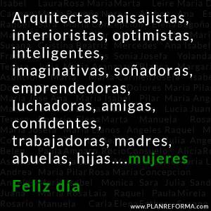 Gráfico que presenta una lista de palabras complementarias en español que describen los roles y atributos de las mujeres, y concluye con 'mujeres' (mujeres), en celebración del Feliz día de la mujer.