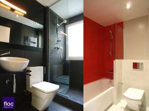 Una comparación lado a lado de dos baños modernos, uno con una combinación de colores oscuros y una ducha a ras de suelo, y el otro adornado en rojo y blanco con una combinación de bañera y ducha después de la reforma.