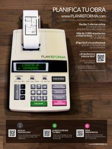 Una campaña publicitaria que presenta un anuncio con una calculadora con varios botones que representan funciones relacionadas con la planificación y el diseño de proyectos arquitectónicos.
