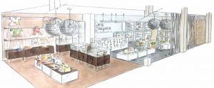 Un boceto arquitectónico que representa el diseño interior de un espacio comercial con estantes y mesas que exhiben productos, realzado con lámparas colgantes y un gran letrero en la pared trasera. Este renderizado manual da vida vívidamente.