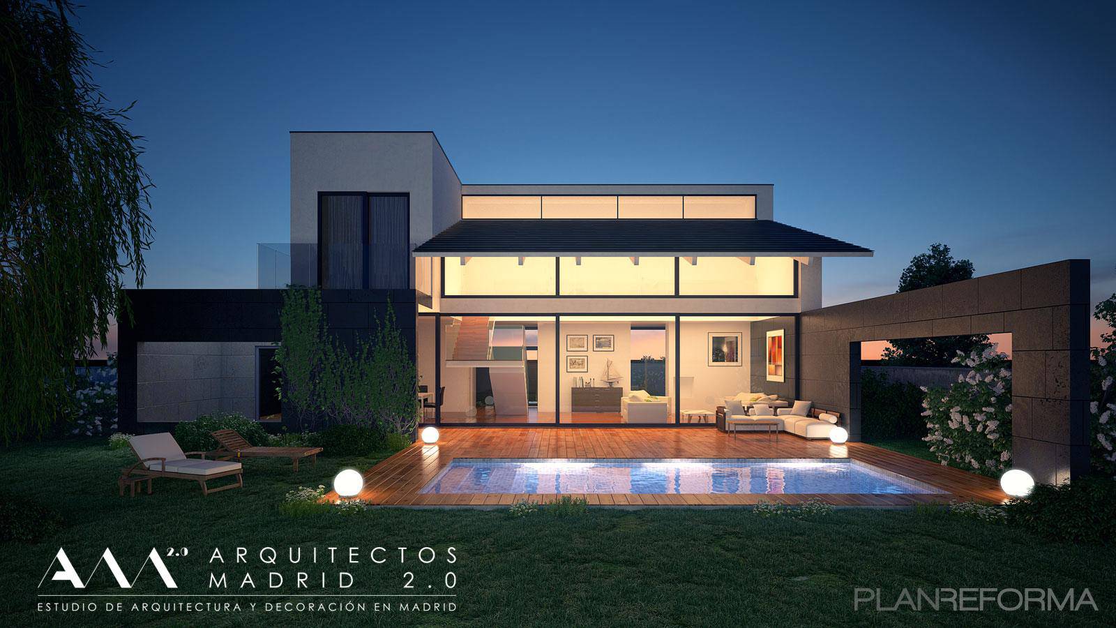Ideas de Casas: Jardin,Piscina,Porche, estilo Moderno diseñado por Arquitectos Madrid 2.0 - Arquitecto