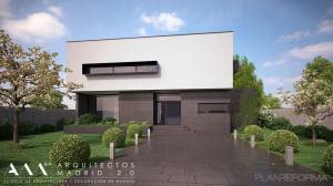 Moderna casa de dos pisos con un diseño minimalista, presentando un techo plano, grandes ventanas y un paisajismo en el jardín frontal con árboles y