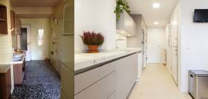Comparación de diseños de cocinas obsoletos y modernos en Madrid, que muestra la transformación del estilo vintage con azulejos estampados a un aspecto contemporáneo con elegantes gabinetes y encimeras.