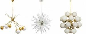 Descripción: Tres lámparas colgantes modernas contra un fondo blanco, de izquierda a derecha: un candelabro dorado con bombillas esféricas en