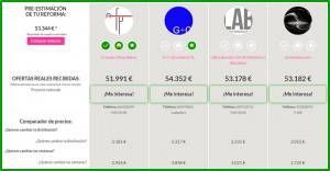 La imagen muestra una pantalla comparativa de cotizaciones de servicios o estimaciones de precios de diferentes servicios o productos, incluida la reforma integral, con diversas opciones y botones para mostrar interés o solicitar más información.