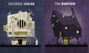Dos ilustraciones estilizadas una al lado de la otra, la izquierda representa una estructura mecánica en forma de bloque con la etiqueta "George Lucas", uno de los directores de cine más influyentes, y la derecha muestra un caprichoso cro