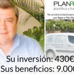 La imagen muestra a un hombre con camisa celeste a la izquierda y una furgoneta comercial blanca a la derecha, con texto en español destacando una inversión de 430€ y beneficios de 9.000€