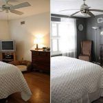 Una comparación de antes y después de un dormitorio, con el lado izquierdo mostrando una paleta de colores más clara y el derecho presentando paredes más oscuras.