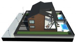 Ilustración arquitectónica en corte en 3D de una Passivhaus moderna de dos pisos con un diseño de techo distintivo, que muestra habitaciones y muebles interiores.