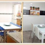 Vista del antes y después de la remodelación de una cocina, que muestra electrodomésticos actualizados, muebles modernos y una combinación de colores más brillantes para mostrar cómo hacer transformaciones sobresalientes con un presupuesto limitado.