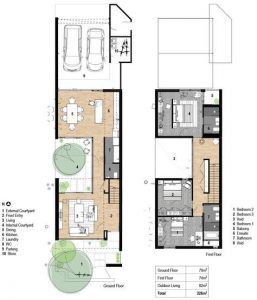 Plano arquitectónico de un edificio residencial de dos pisos con habitaciones etiquetadas, distribución de muebles y dimensiones, incluido el piso de reformas.