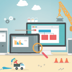 Ilustración de un concepto de construcción de un sitio web, con dispositivos digitales que muestran las etapas de desarrollo web junto con elementos del sitio de construcción como una grúa, un casco y barreras de construcción. Se incluyen secciones para valoraciones de los clientes sobre el progreso.