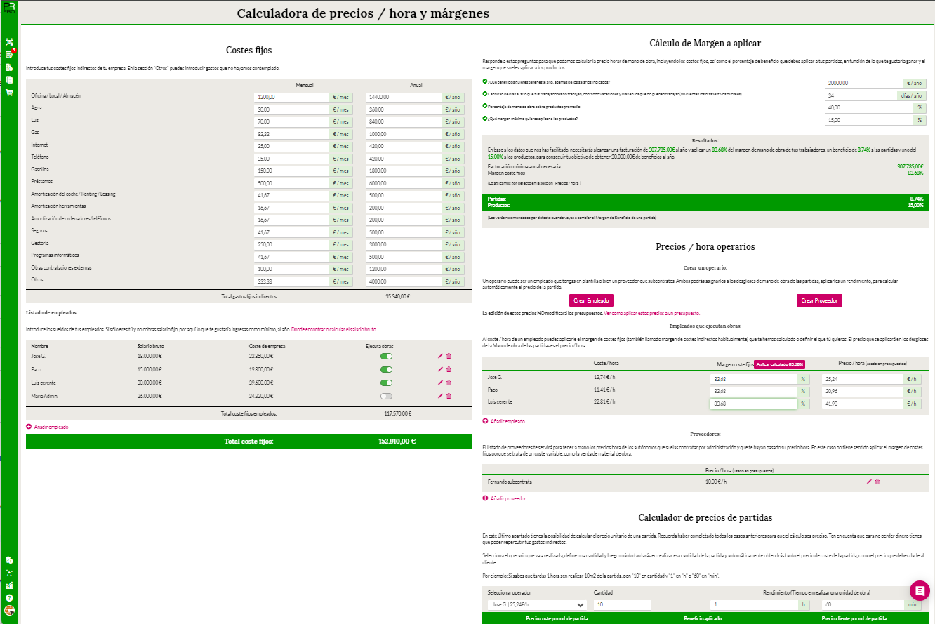 imagen de la calculadora de precios / hora de mano de obra y márgenes de beneficio de una obra de STIMAT