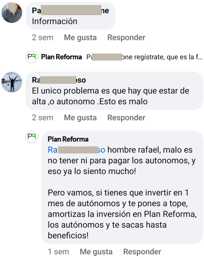 Reformista lamentandose que no puede registrarse en Plan Reforma PRO porque no esta dado de alta de autonomo