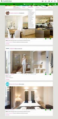 La imagen es una captura de pantalla de una página web con varios proyectos de interiorismo. Cada proyecto muestra una habitación diferente de una casa con una foto, el nombre y profesión del diseñador, el precio y el equipamiento.