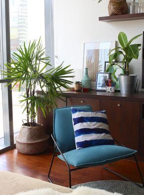 Una moderna sala de estar decorada con una silla azul de acento, un gabinete de madera marrón y varias plantas de interior.