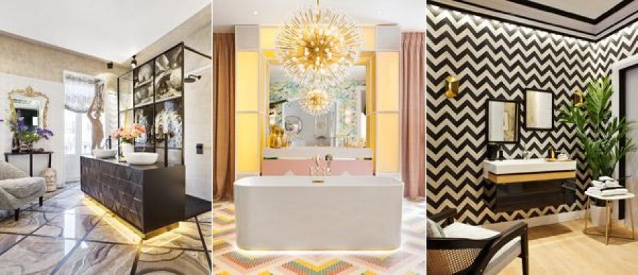 Tres interiores de baño diferentes y elegantes que presentan una amplia gama de estéticas de diseño, desde un tocador clásico sobre un papel tapiz estampado hasta una bañera moderna con un llamativo accesorio en el techo y un llamativo diseño de chevrón.