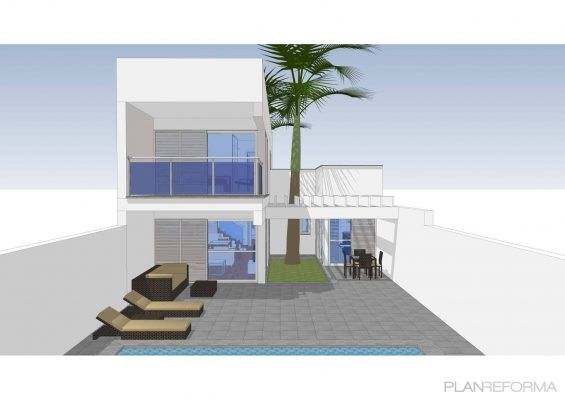 Esta es una representación arquitectónica digital creada por un arquitecto de una residencia moderna de dos pisos que cuenta con un balcón, un área para sentarse al aire libre, una piscina y una palmera alta adyacente al
