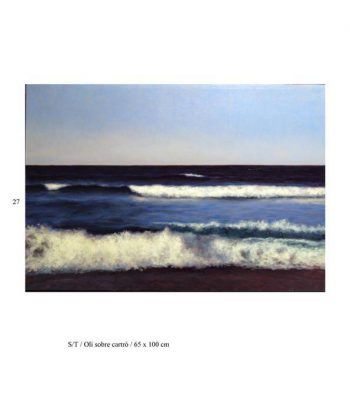 Una pintura al óleo que aporta mundos de olas rodantes en varios tonos de azul, con espuma blanca y un horizonte claro, contra un ci