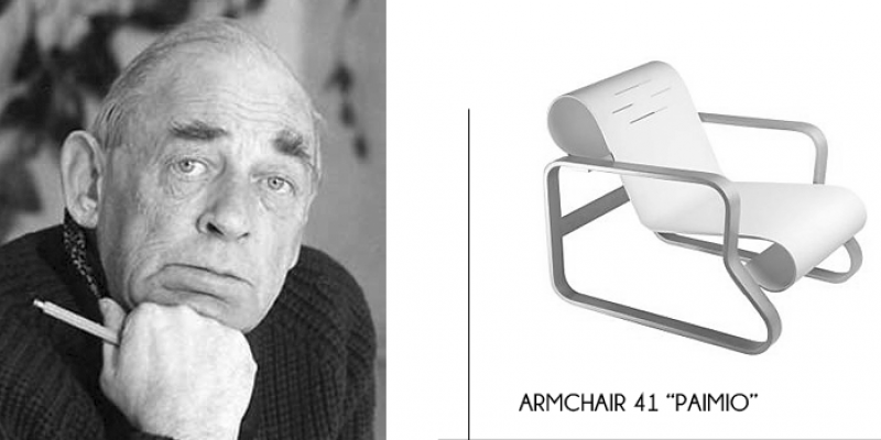 Fotografía en blanco y negro de un anciano sosteniendo un lápiz con expresión contemplativa junto a una imagen gráfica del sillón 41 "Paimio" diseño de Aalto.
