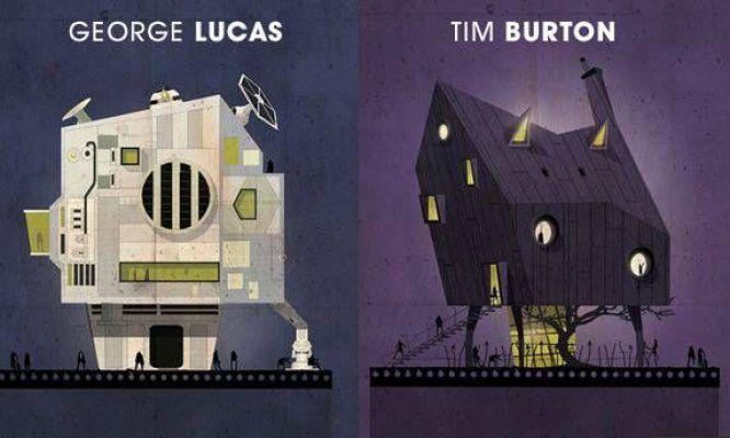 Dos ilustraciones estilizadas una al lado de la otra, la izquierda representa una estructura mecánica en forma de bloque con la etiqueta "George Lucas", uno de los directores de cine más influyentes, y la derecha muestra un caprichoso cro
