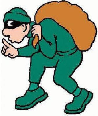 Una caricatura de una persona vestida con un traje de ladrón verde, con una máscara y un saco sobre su hombro, avanzando sigilosamente para evitar.