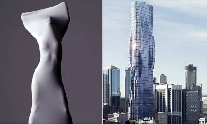 Una comparación de dos imágenes: a la izquierda, una escultura abstracta blanca con curvas fluidas que sugieren la silueta de Beyoncé; a la derecha, un rascacielos alto y retorcido diseñado por un arquitecto australiano