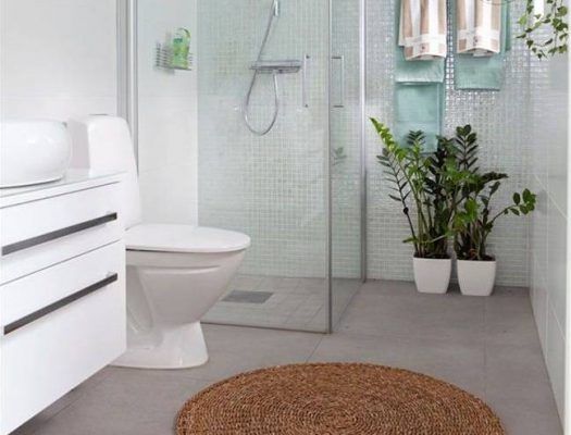 Un baño moderno con inodoro blanco, cabina de ducha de vidrio, tocador con cajones, tapete tejido redondo y plantas en macetas para decoración Feng Shui.