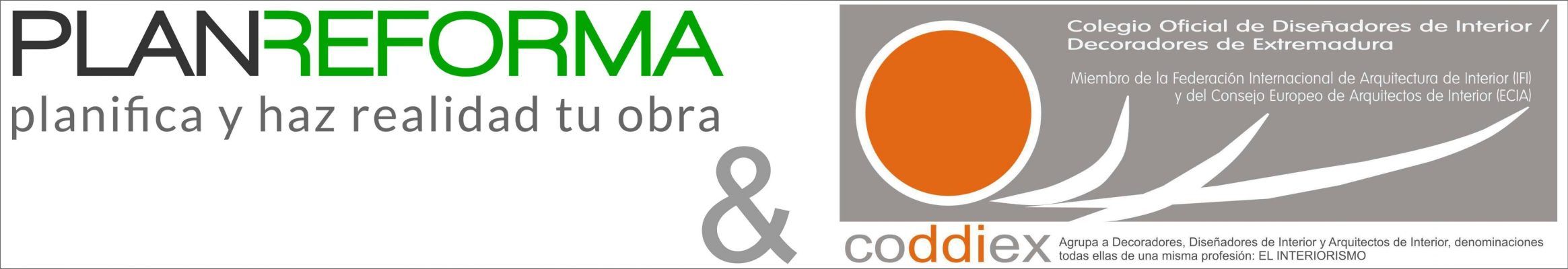 La imagen muestra logotipos de dos organizaciones, Plan Reforma a la izquierda y Colegio de Interioristas, Decoradores de Extremadura (CODDI) a la derecha, lo que probablemente indica una colaboración.