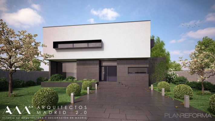 Moderna casa de dos pisos con un diseño minimalista, presentando un techo plano, grandes ventanas y un paisajismo en el jardín frontal con árboles y