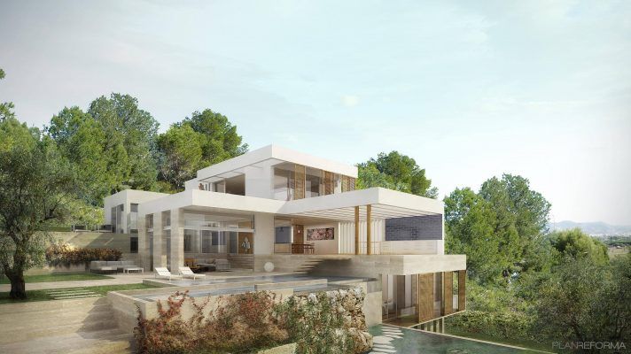 Arquitectura moderna de varios niveles con una mezcla de elementos de hormigón y madera que se integran en un paisaje natural, presentando edificios eternos.