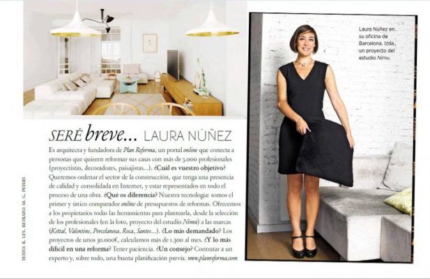 La imagen de la izquierda muestra un comedor cuidadosamente arreglado con una estética moderna, que incluye una mesa de comedor, sillas y elementos decorativos blancos, mientras que la imagen de la derecha muestra a Laura Núñez.