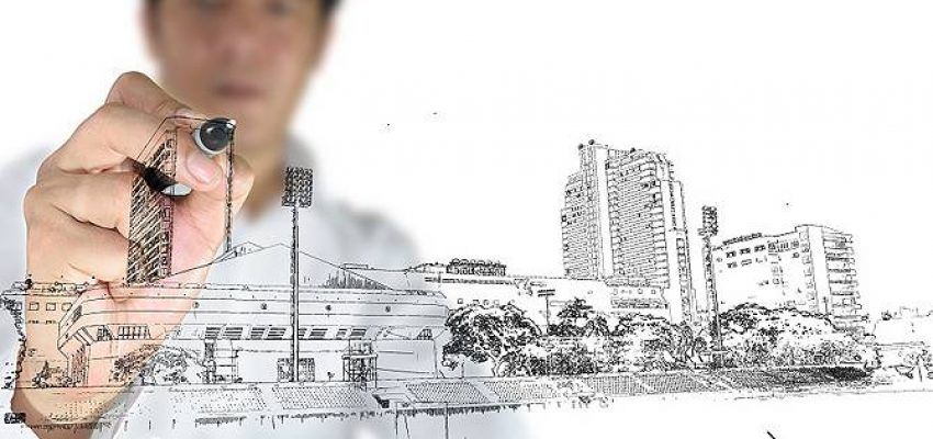 Una persona dibujando un paisaje urbano con un bolígrafo, con la ilustración transitando de un boceto a una realidad fotográfica hacia el primer plano, representando