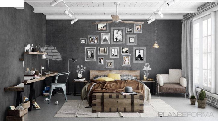Un dormitorio moderno monocromático y texturizado con una mezcla ecléctica de muebles y una galería de cuadros enmarcados encima de la cama, con un tema de presupuestos de reforma inspirado en Barcelona.