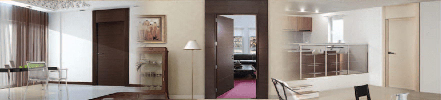 Una vista interior de un apartamento moderno que muestra un área de comedor con mesa y sillas, un pasillo que conduce a otra habitación y un vistazo de una sala de estar y cocina, todo con muebles y decoración contemporáneos.