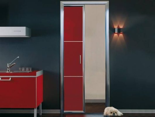 Una cocina moderna con gabinetes rojos, fregadero de acero inoxidable y una despensa alta con puertas correderas rojas y blancas; un perro pequeño, de color claro, yace en el suelo junto a la despensa